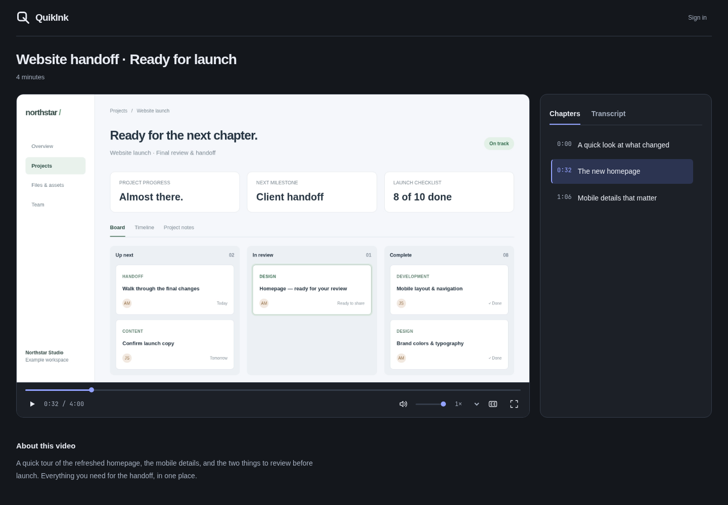 Current Quiklnk shared viewer showing an example website handoff, video controls, summary and timestamped chapters.